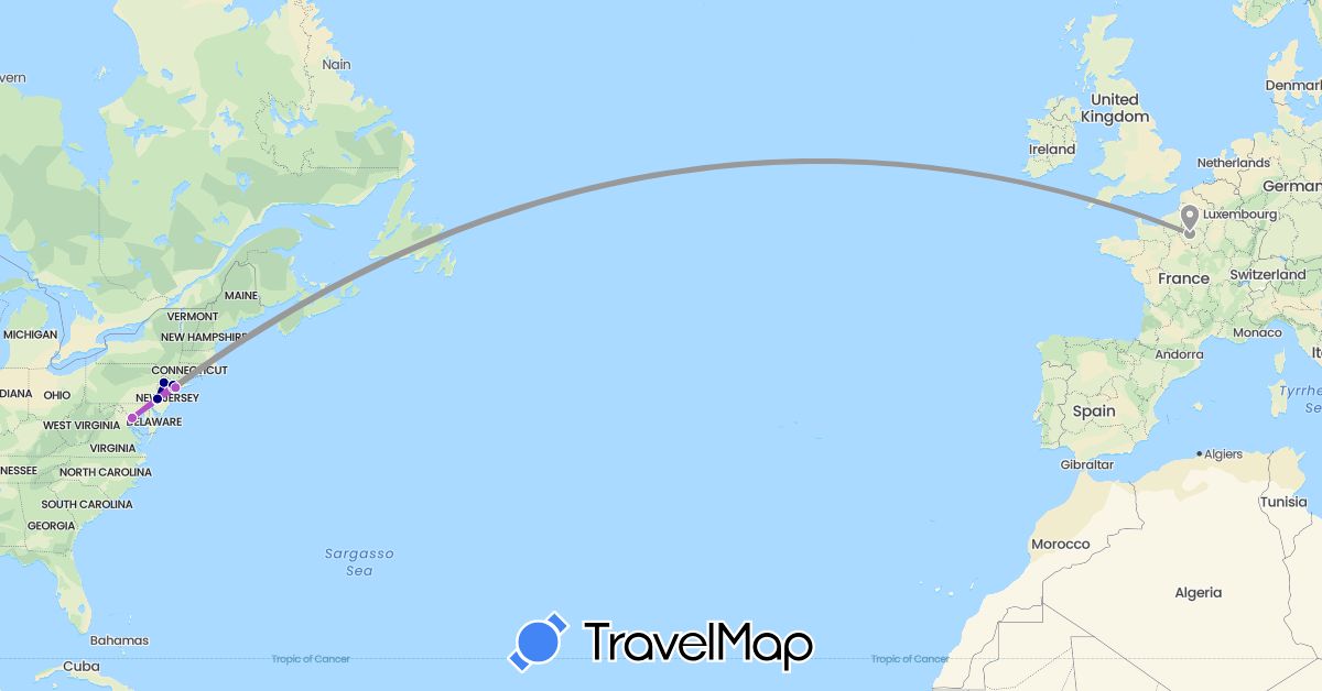 TravelMap itinerary: driving, plane, train in France, United States (Europe, North America)